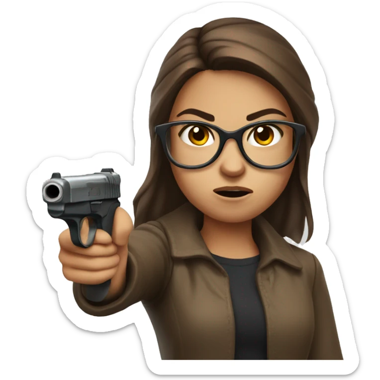 angry girl with brown hair wearing glasses shooting a fake gun  sticker