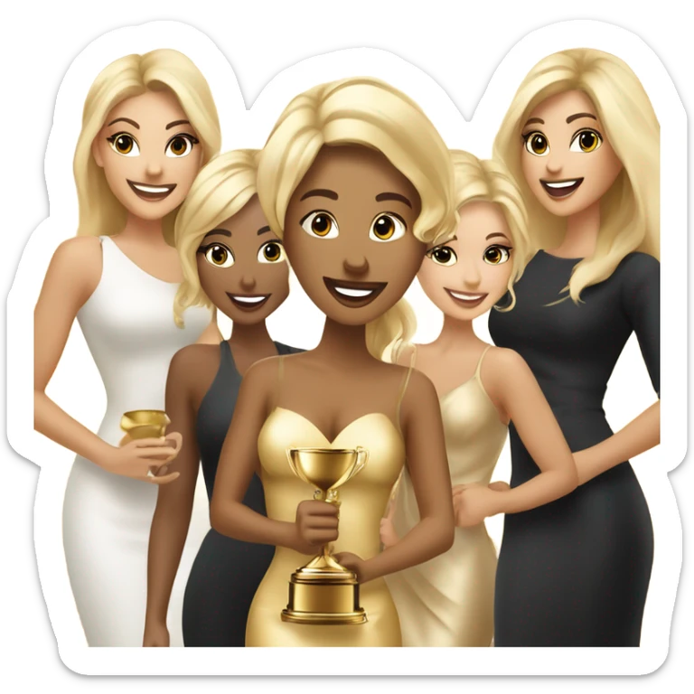 Six beautiful and elegant blonde and Latina models celebrating with 1 huge gold trophy sticker