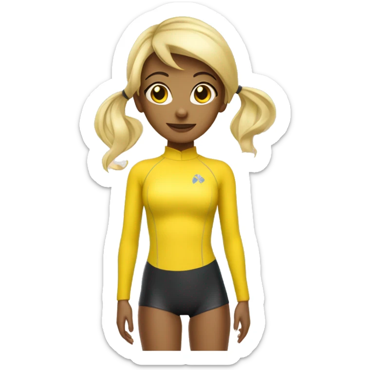 A hot and beautiful cartoon girl with blonde hair with straight bangs tied up with a pretty ponytail wearing a yellow long sleeved sleeves wetsuit sticker