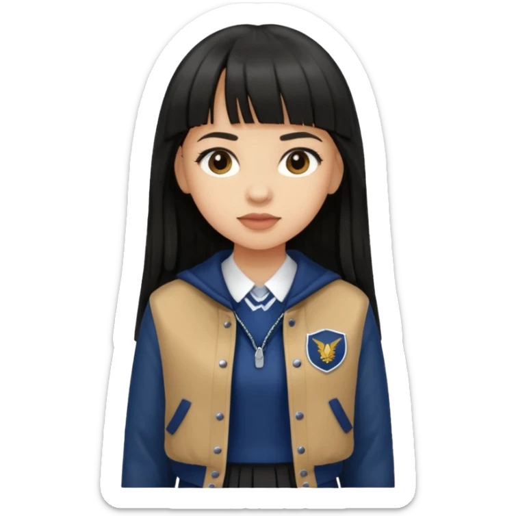 hair : black long hair with fringe 
skin : light 
cloth : brown varsity jacket + navy long long school girl skirt 


 sticker