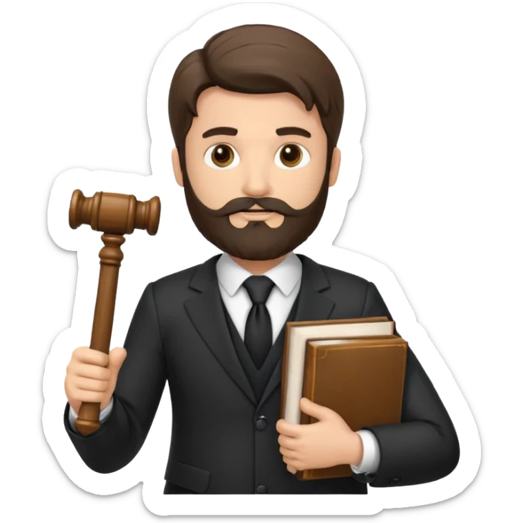 Create a male lawyer. he is wearing a fromal suit jckeret. He is holding a gavel in one hand and a book tucked under his another arm. He has beard. And the hair is kinda darker but not black. and is kinda short at the layers sticker