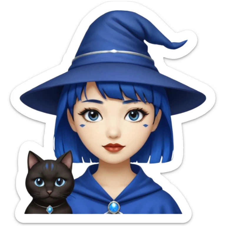 an asian short haired girl with electric blue highlighted short raven hair with bangs, with her silver left eye and dark brown right eye, with black cat eyed style eyeliner, and smirk of natural toned lipstick, with wizard hat with moon emblem on his hat. sticker