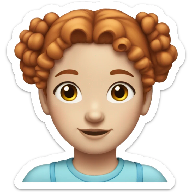 Red haired girl, curly hair tied in two buns, white skin, big blue eyes sticker