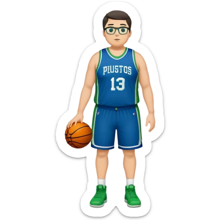 Full Body plus size white male with dark short hair basketball player wearing glasses wearing blue green uniform sticker