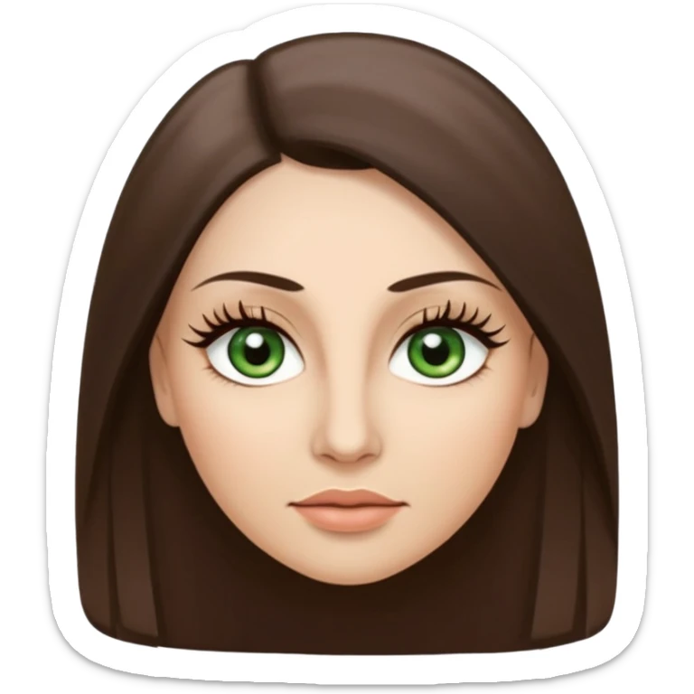 40 year old Adult woman avatar, light skin tone, oval face, long straight ashy brown hair, green almond-shaped eyes with dramatic eyelashes and minimal eyeliner, neutral mouth, medium straight eyebrows, small nose, smooth skin sticker