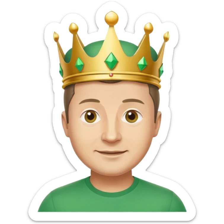 Happy Vladimir Zelensky in a green T-shirt and a shirt with a crown on his head sticker