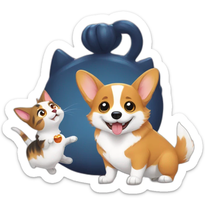 corgi is very happy with the cat, but the cat is afraid of it sticker