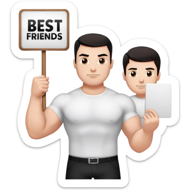 One large white muscular man with dark hair and a white shirt one and smaller white thin man wearing a black shirt each holding a sign that says best friends forever  sticker