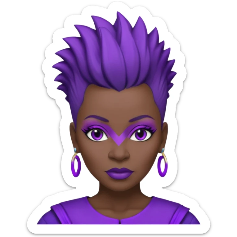 57yr old Qeen black woman with a natural hair mohawk style haircut adorning purple royalty clothing and purle lipstick and eyeshadow purple sticker