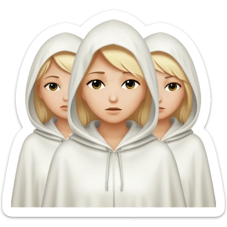 3 mysterious women with blonde hair  in white hooded cloaks that cover their eyes sticker