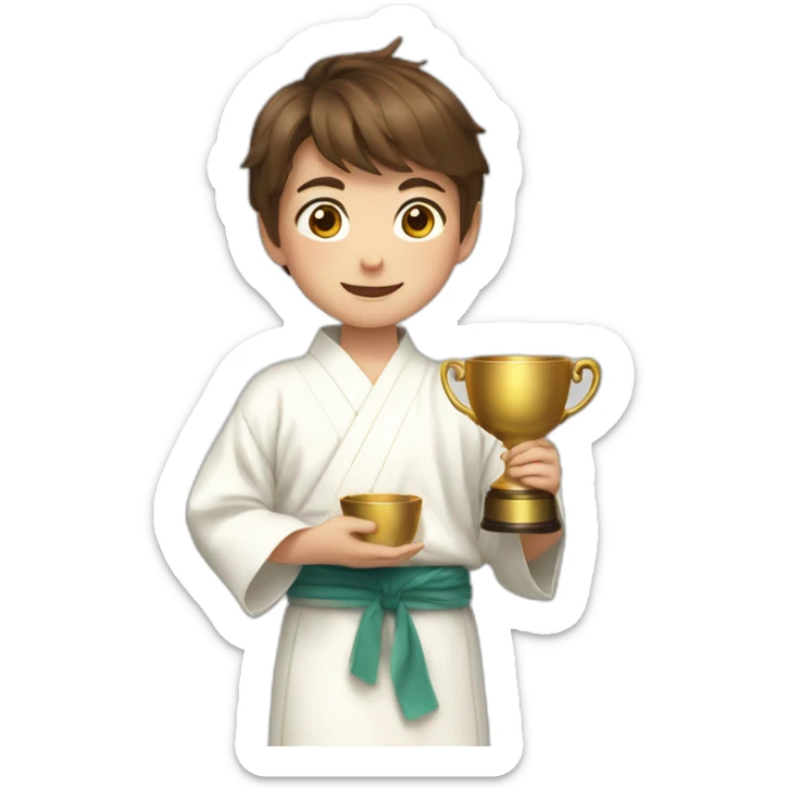 a 12-year-old boy with brown hair with a prize cup in his hand in a white kimono sticker