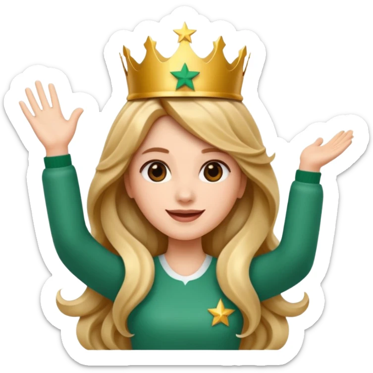 Apple style 3D emoji of a young woman inspired by the Starbucks logo. She has long wavy hair on both sides, a crown with a star on her head, arms raised upward like in the Starbucks logo, with a calm smile. Smooth, shiny, simple emoji look. sticker