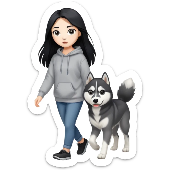 A girl with long black hair wearing a sweatshirt walks a black and white husky sticker