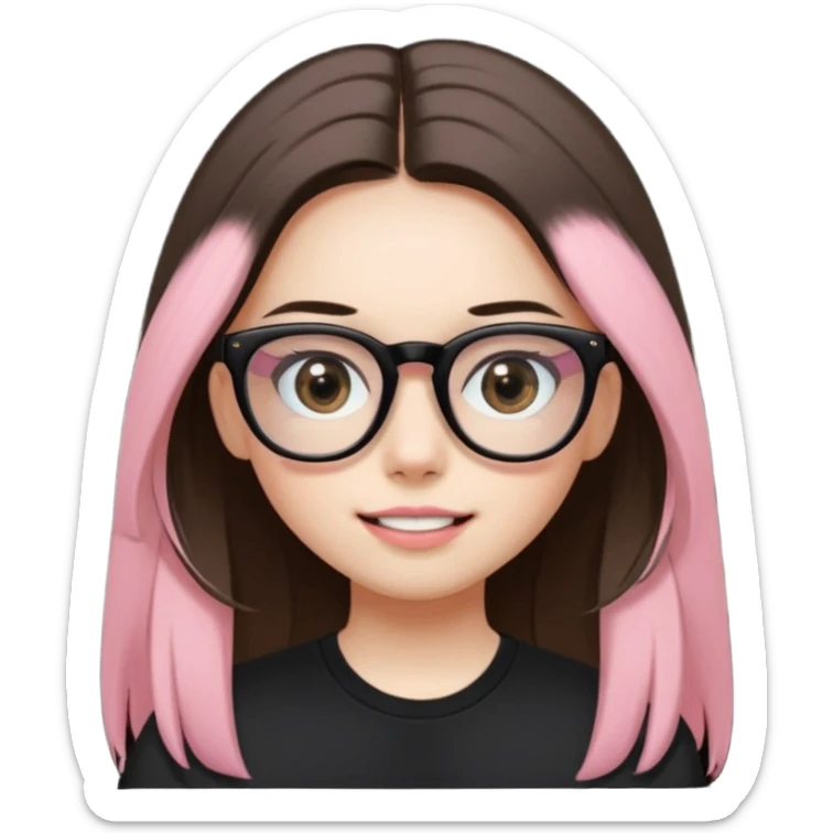 The girl with dark straight long hair, divided in the middle hairstyle, white skin, black eyes, wearing black shirt and tortoise framed glasses. The mounth is light old pink, with light smile with no teeth. sticker