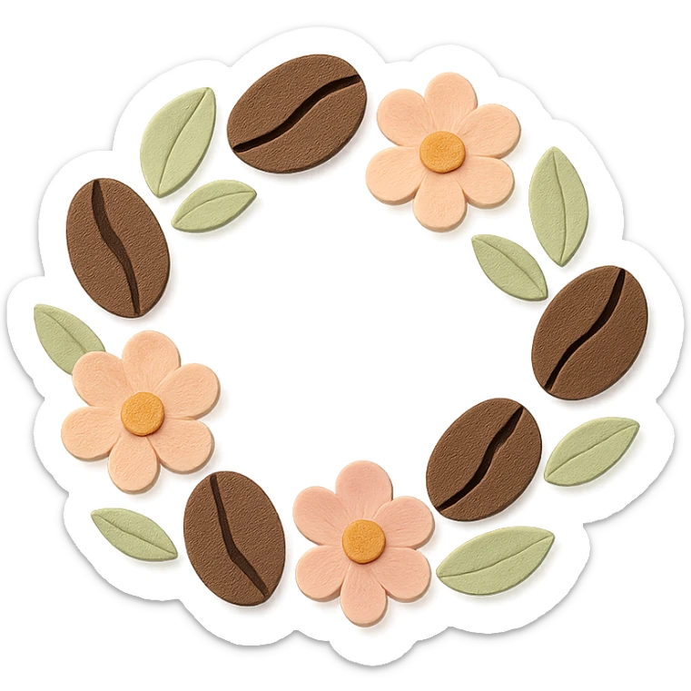 coffee bean floral wreath with leaves and flowers, hand-drawn pastel design sticker