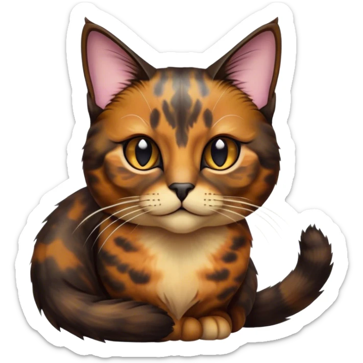 Cinematic Noble Tortoiseshell Cat Portrait Emoji, Poised and dignified, showcasing a luxurious, mottled fur of rich browns and blacks, with elegantly arched whiskers and a determined yet gentle expression, simplified yet meticulously detailed, glowing with a subtle, regal radiance, high shine, embodying quiet nobility and refined charm, soft glowing outline, capturing the essence of a sophisticated tortoiseshell cat exuding quiet authority! sticker
