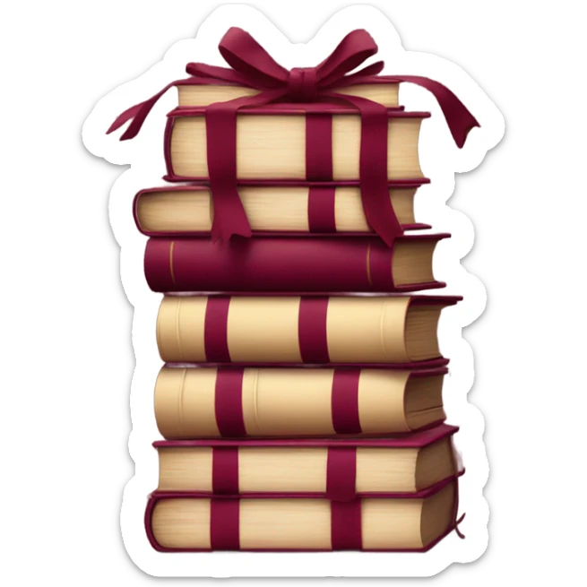 burgundy books stacked up and tied together by a burgundy bow sticker