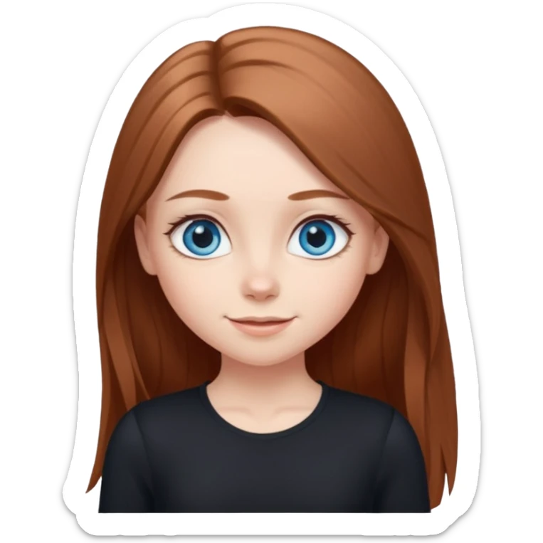 A girl with fair skin and a natural blush. Eyes are large, expressive, blue. Hair is long, straight, chestnut-colored. The smile is soft, friendly, in a black top and leggings sticker