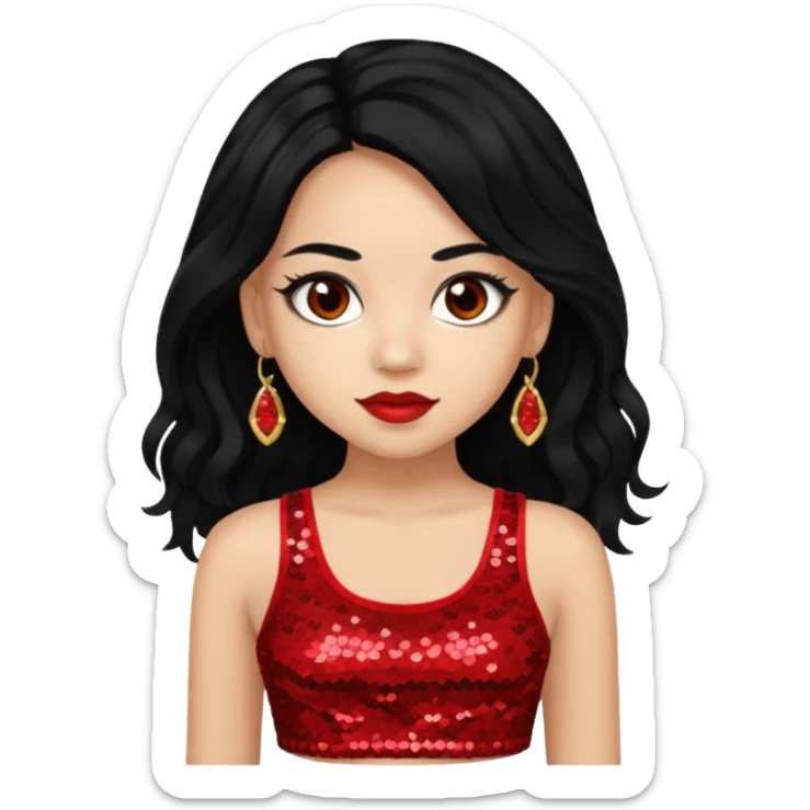 Jade from Bratz with long black hair, light skin, brown eyes, red sequin crop top sticker