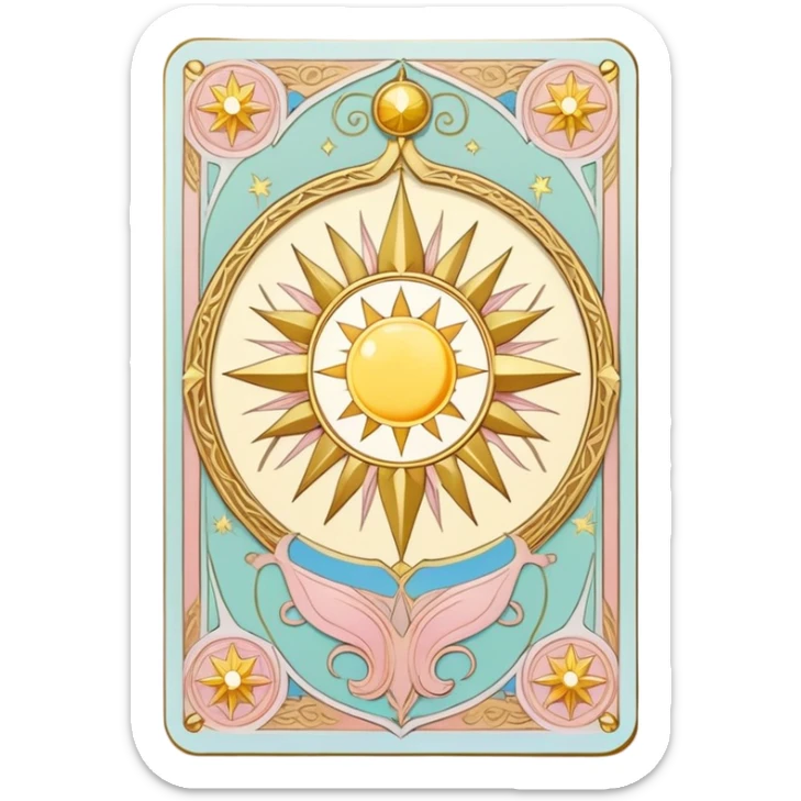 magical tarot-like card inspired by the Clow Cards from Cardcaptor Sakura. The card has ornate golden borders, a sun or moon symbol at the top, and a mysterious illustration in the center. The background is a soft, enchanted pastel tone. sticker