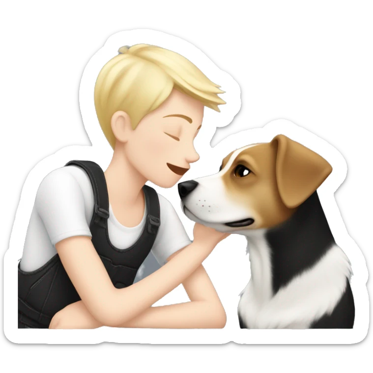Tom boy with short blonde hair kissing a black and white épagneul breton dog  sticker