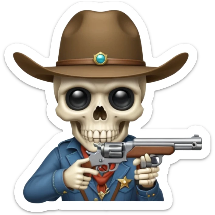 A skull with a vowboy hat and a gun whith a scope sighn on his eye and min holding the gun sticker