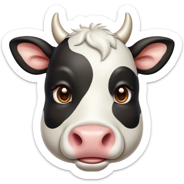 Cinematic Cute Black and White Cow Portrait Emoji, Head tilted playfully and inquisitively, featuring a glossy, contrasting coat of black and white, round, sparkling brown eyes filled with gentle curiosity, Simplified yet irresistibly adorable features, highly detailed, glowing with a warm, friendly glow, high shine, affectionate and serene, stylized with a touch of contemporary charm, bright and endearing, soft glowing outline, capturing the essence of a mischievous yet loving cow, so playful it feels like it could moo out of the screen and into your arms! sticker