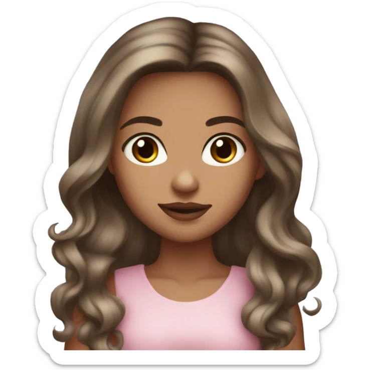 Beautiful tanned girl, long hair, brunette, Brown hair blue eyes, light pink lip color sticker