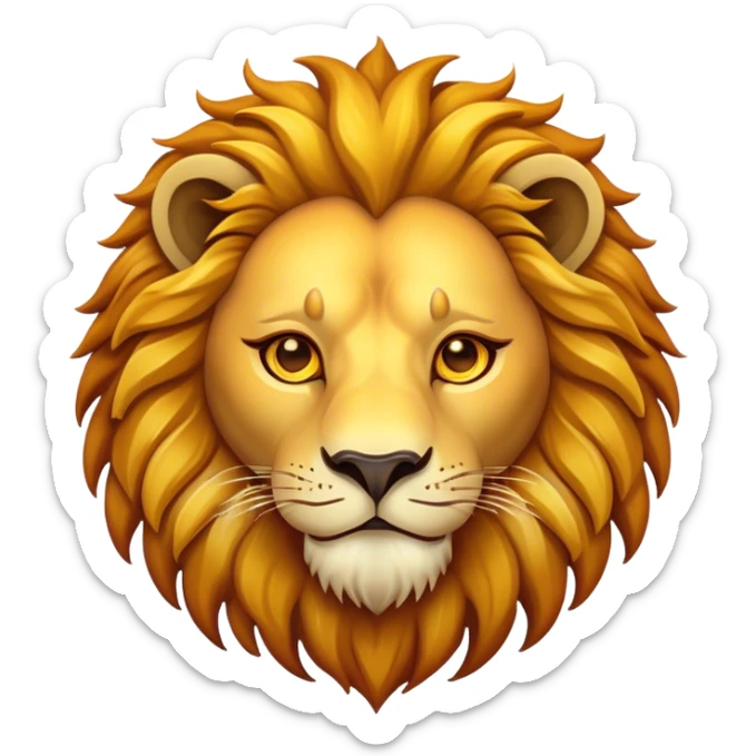Cinematic Lion Emoji, Vibrant and bold, Iconic and striking design, rim lighting effect, golden and amber tones, Simplified yet expressive features, highly detailed, glowing with warm golden hues, high shine, fierce and majestic, stylized with a touch of fantasy, playful and bold, blending realism with charm, soft glowing outline, clean and immaculate design, confident and strong pose, capturing the essence of a lion in an easily recognizable and captivating form, so lively it feels as though it could roar out of the screen! sticker