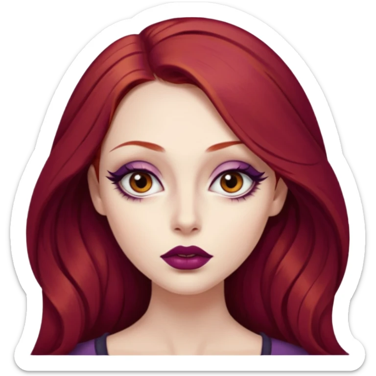 A young woman with long, deep red hair and smooth porcelain skin. She has large, expressive eyes accentuated by winged eyeliner and warm-toned eyeshadow. Her full lips are painted with deep plum lipstick. realistic style, high detail. sticker