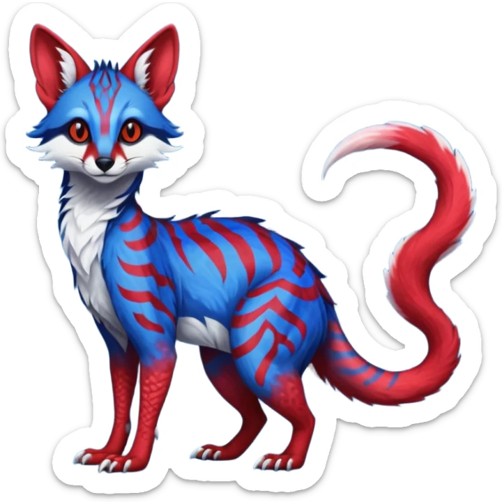 Feral Rare Fantasy vibrant dark shady shaded detailed cobalt-blue-crimson-red-gradients-colored colorful Vernid-Sergal-Genet-Trico-species by LiLaiRa, random markings, tufted tail, tufted ears, full body sticker