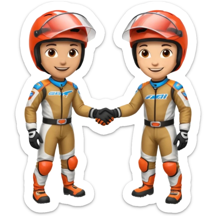 2 dirtbike racers in gear and gloves shaking hands sticker