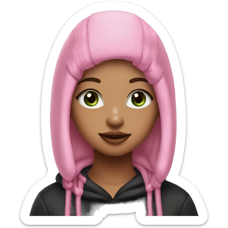 a girl with the following features: - Lavender pink ombre bob hairstyle - Green eyes - Freckles - Septum piercing - Black beanie hat - Black sweatshirt with a pink hood and pink laces sticker