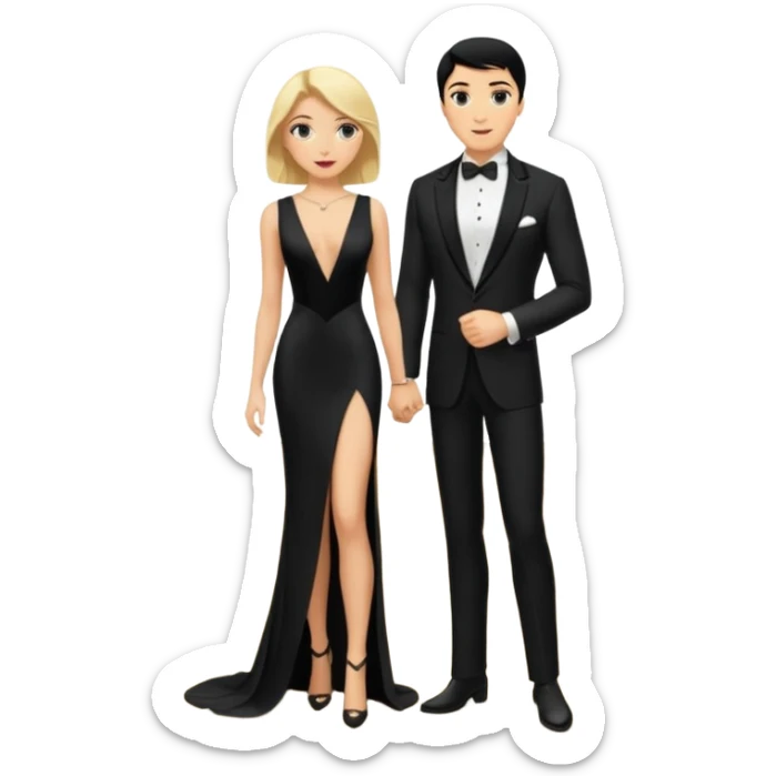 Blonde woman, black, Long, tight, sleveless Dress, Slot left Leg, man, black Hair, in Dinner jacket, Background ballroom sticker