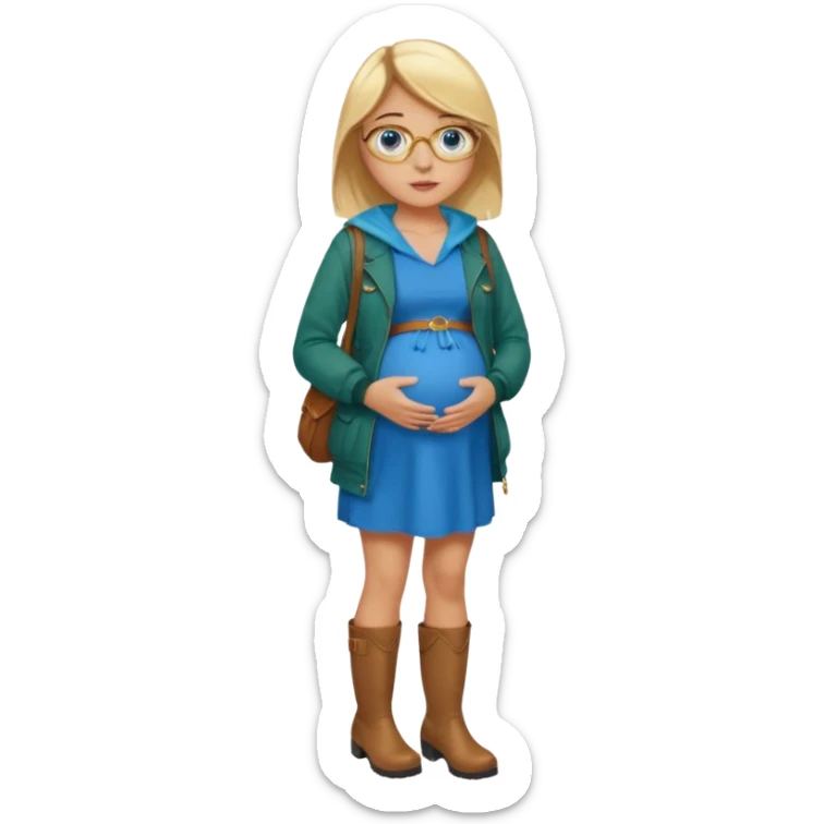18 year-old pregnant between blonde and brown haired girl with golden glasses with blue eyes in a long bright blue dress and a dark green jacket over the dress and brown boots standing sassily sticker
