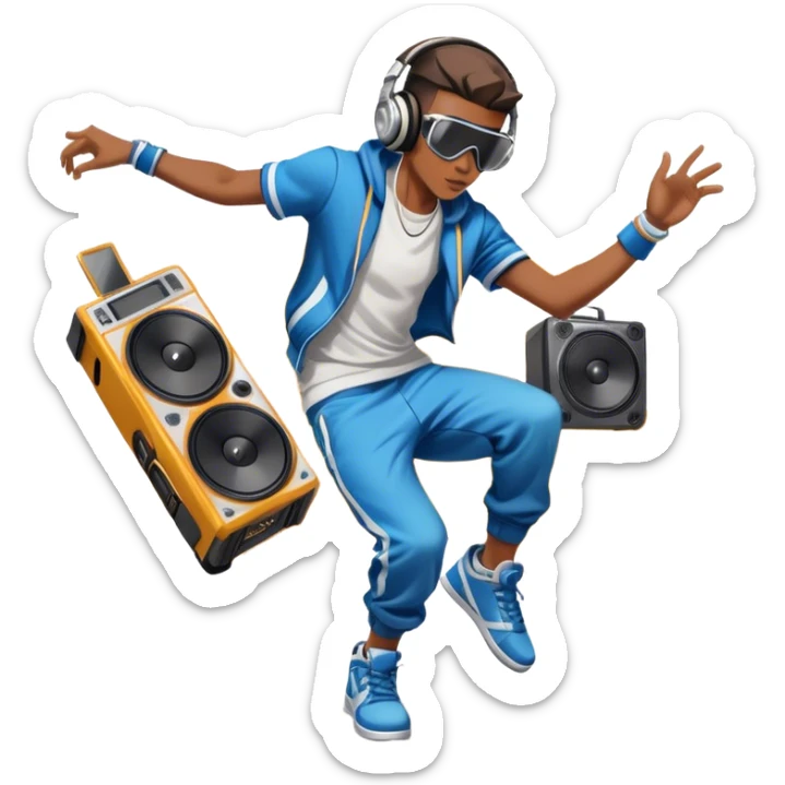 Icon for Street Dance: a dancer in urban streetwear performing a dynamic lower breakdance move, with a spray-painted background, headphones, and a boombox on the asphalt. The icon should capture the energy, style, and creativity of street dance culture. Transparent background. sticker