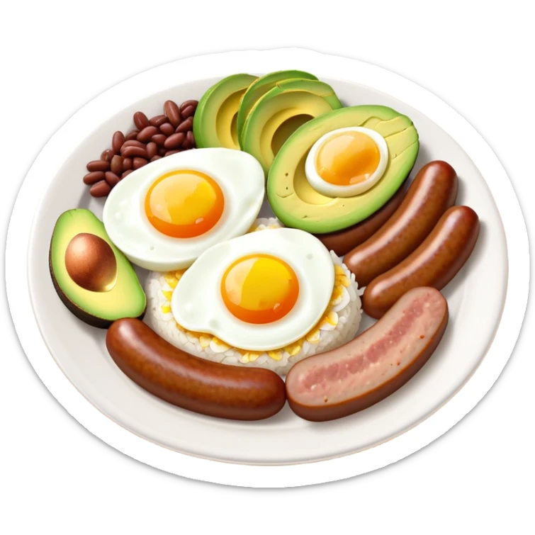 bandeja-paisa-cinematic-realistic-bandeja-paisa-dish-emoji,-depicted-as-a-hearty-platter-featuring-rice,-beans,-avocado-slices,-one-sausage,-a-perfectly-cooked-egg,-and-crispy-pork-crackle,-rendered-with-vivid-textures-and-robust,-inviting- sticker