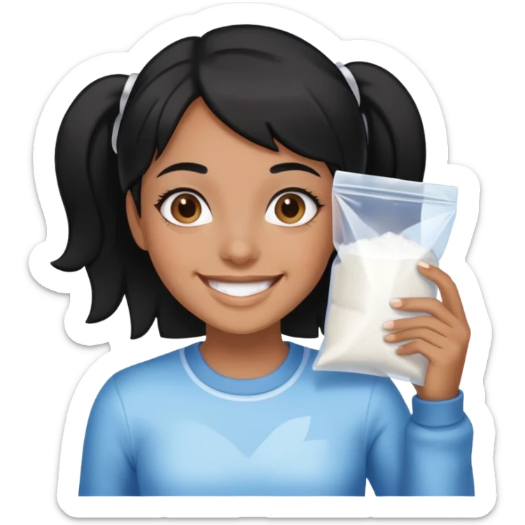 Black hair Girl smiling holding a clear ziploc bag with white powder sticker