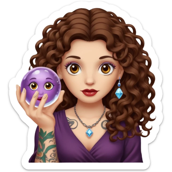 woman with long curly brown hair, brown eyes, white skin, tattoos, holding a crystal ball showing nonsense sticker
