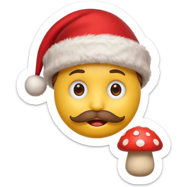 yellow emoji face with brown mustache and red Christmas hat, holding tiny red mushroom, 3D emoji style, 1:1
 sticker