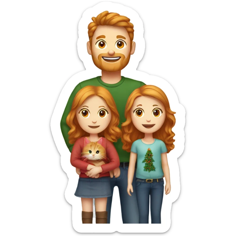 One ginger cat one Brown hair dad one brown hair mom and one blond little daughter wearing Christmas clothes sticker