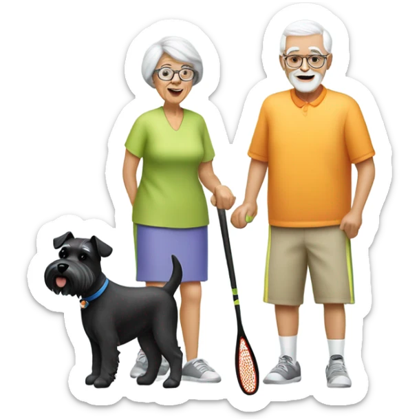 A grandma and a grandpa playing pickleball with a black and white schnauzer dog sticker