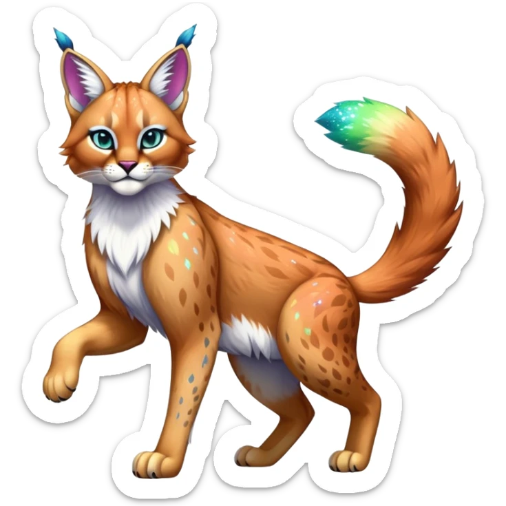 Vibrant multicolored Falvie-Fionbri-Bobcat-Caracal-creature-sparkle-feline-fursona, full body sticker