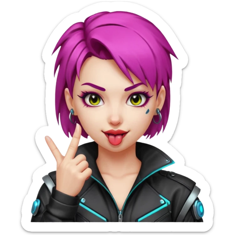 Woman with her tongue out in cyberpunk clothing and giving the middle finger. Looking naughty. sticker