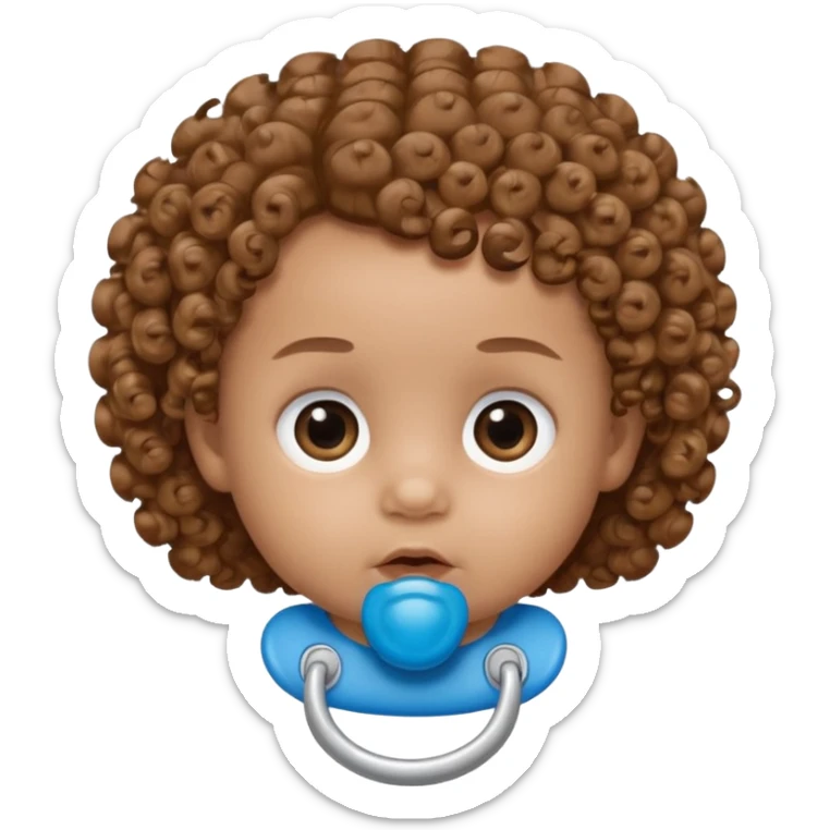A baby with light brown skin, curly light-brown hair, wide brown eyes, and a blue pacifier.  sticker