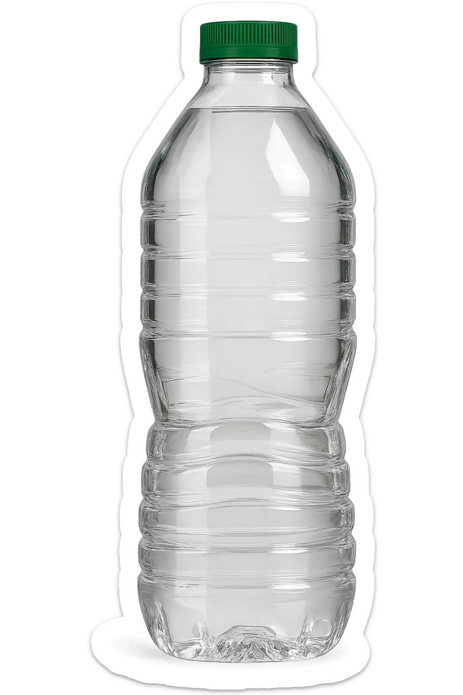 a clear plastic water bottle with a green cap, no label, in the style of Poland Spring, transparent, simple design sticker