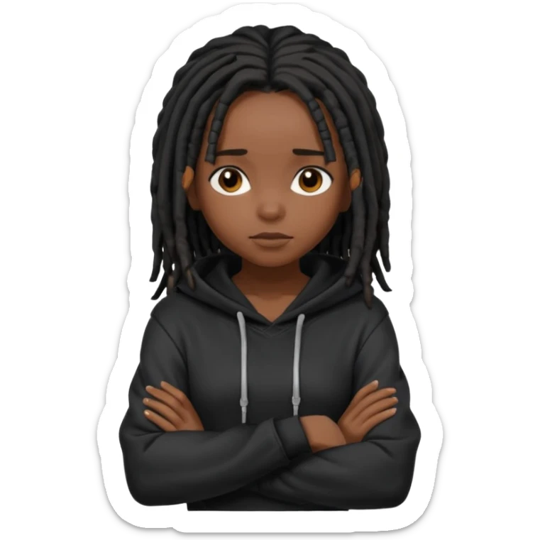 African American dark skin girl with shoulder length black dreadlocks wearing a plain black hoodie with arms folded sticker