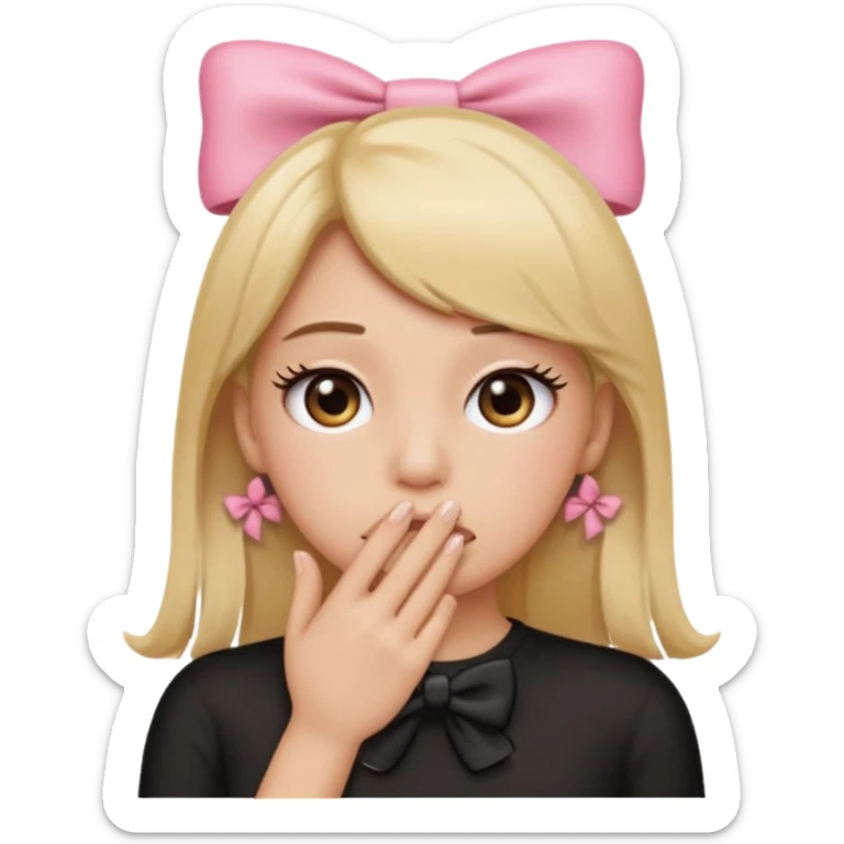 Hayır sırta emoji olsun eli ağzında olsun gözlerinde kirpik olsun kafasının yanında da kurdele olsun sticker