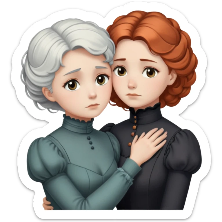 Two Victorian women in a sad intimate hug, one with white coiffed hair and one with copper coiffed hair, both with grey eyes, wearing Victorian turtleneck dresses sticker