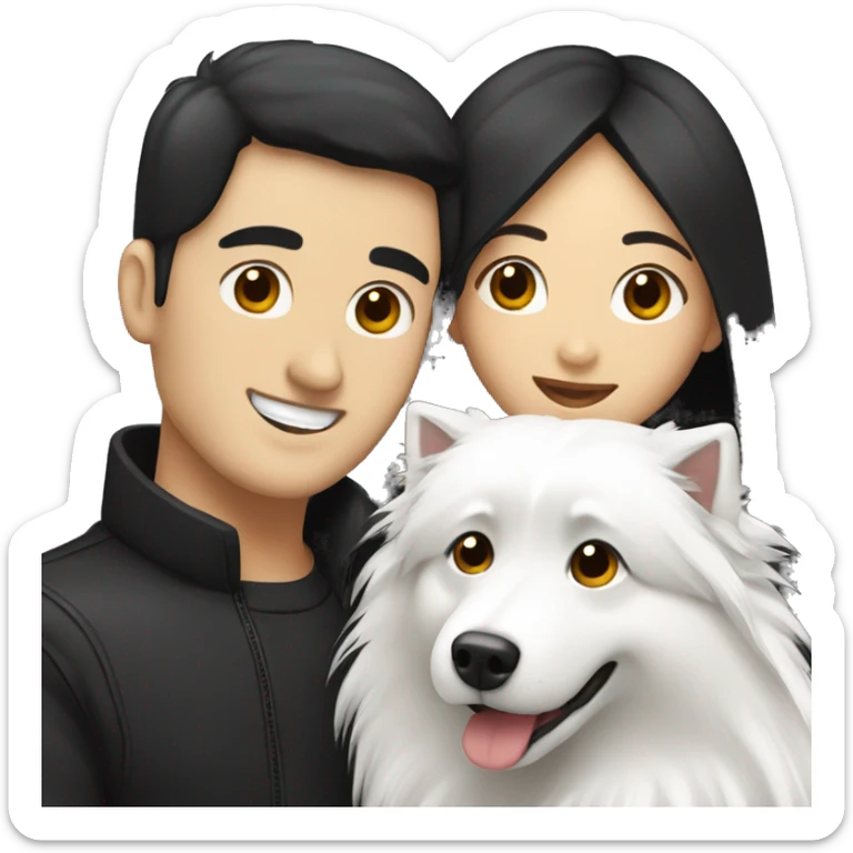 a man with black hair and a woman with black long hair hugging two white japanese spitz dogs sticker